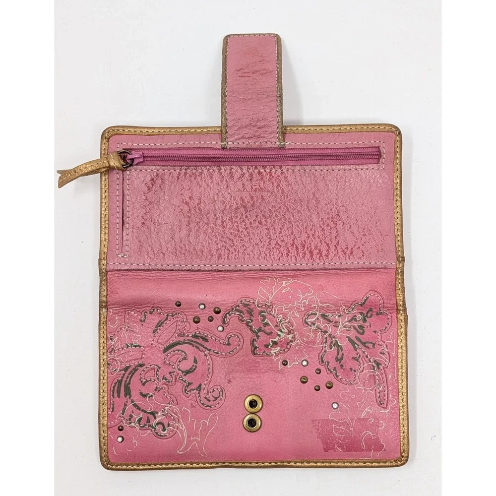 Fossil Pink Floral Leather Checkbook Wallet Boho Embroidered Studded Organizer